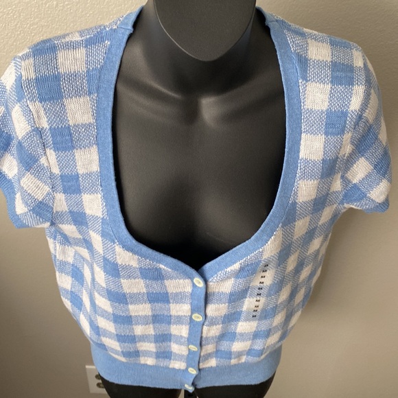 Polo Ralph Lauren Baby Blue/White Short-Sleeve Checkered Sweater M, NWT - Picture 2 of 10